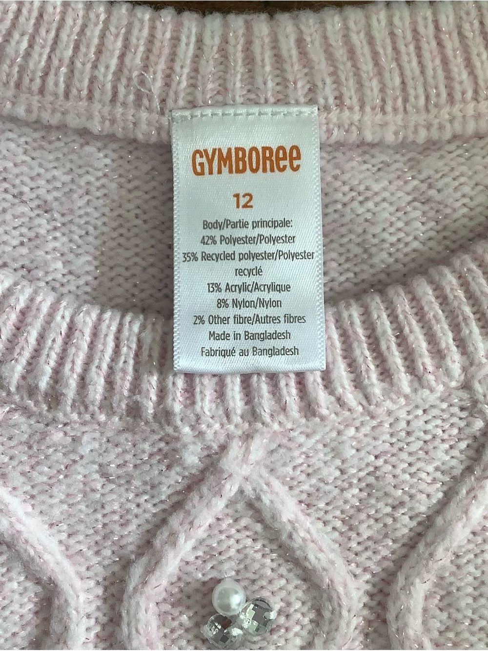 Gymboree Girl's Size 12 Pink Cable Knit Sweater w/ Pearl Rhinestone Clusters - Picture 5 of 6
